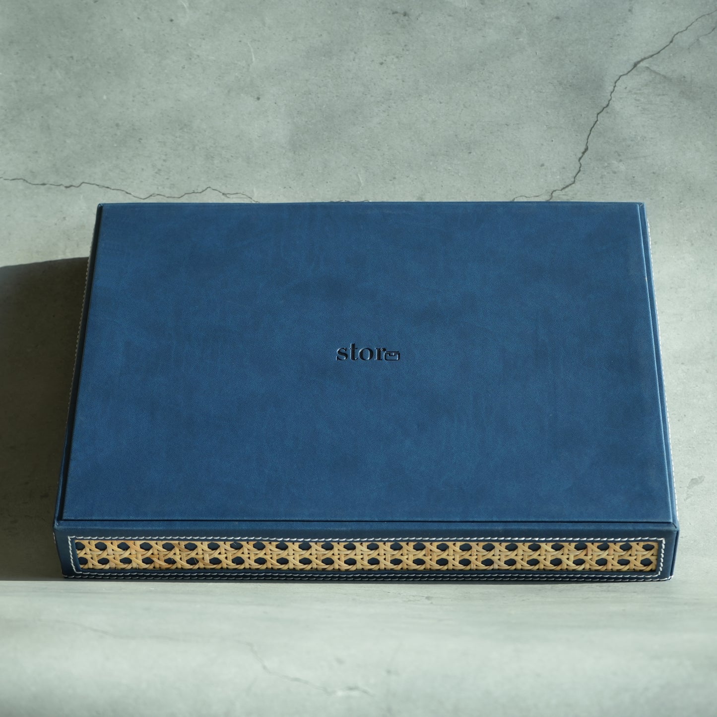 Steel Blue PU Leather & Rattan Serving Tray - Large