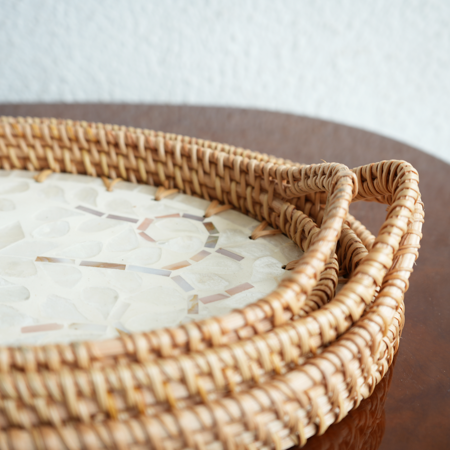 Small Oval Mother-of-Pearl & Cane Serving Tray - Pearl White