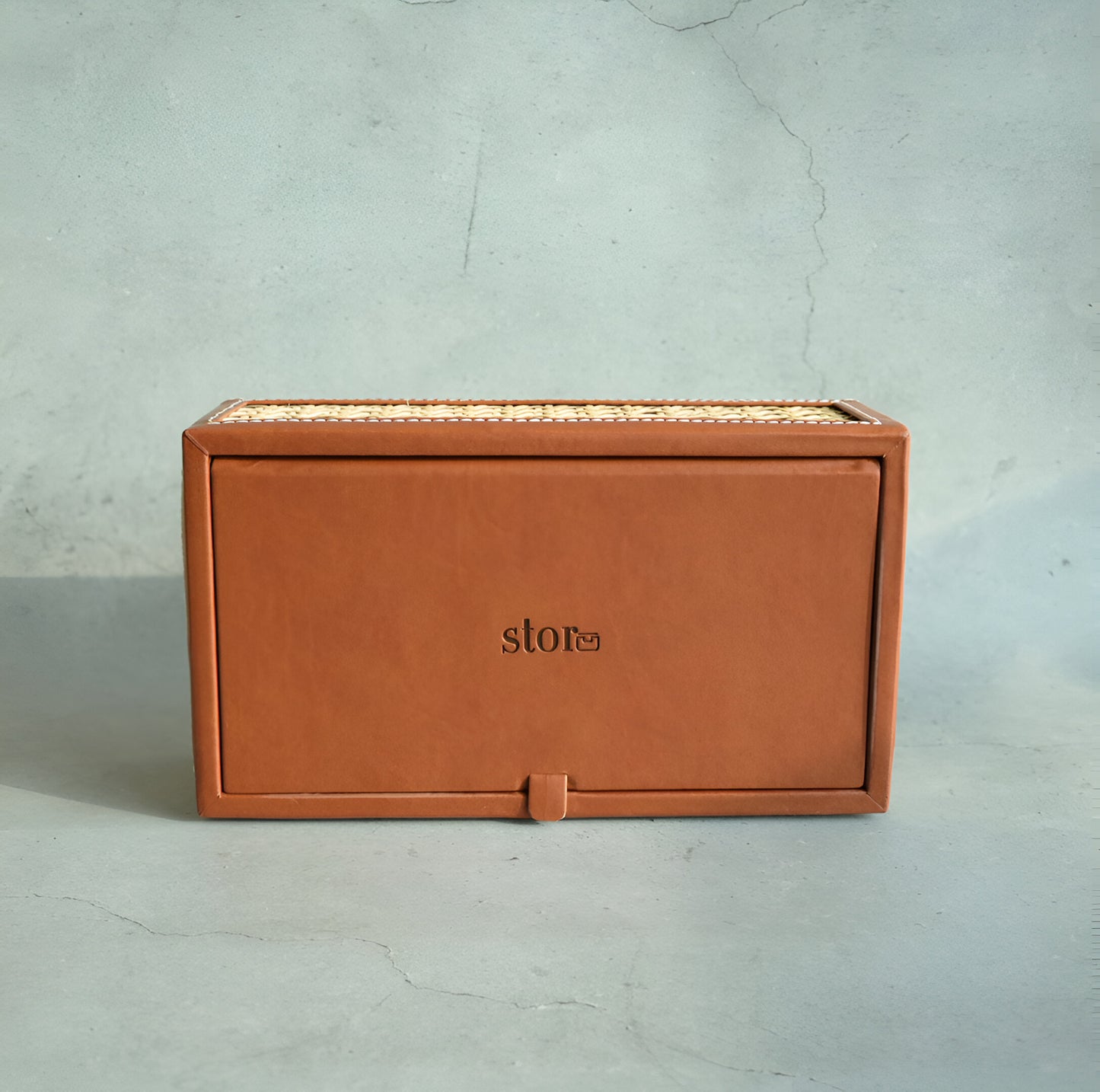 Tan Brown PU Leather & Rattan Tissue Box - Rectangle