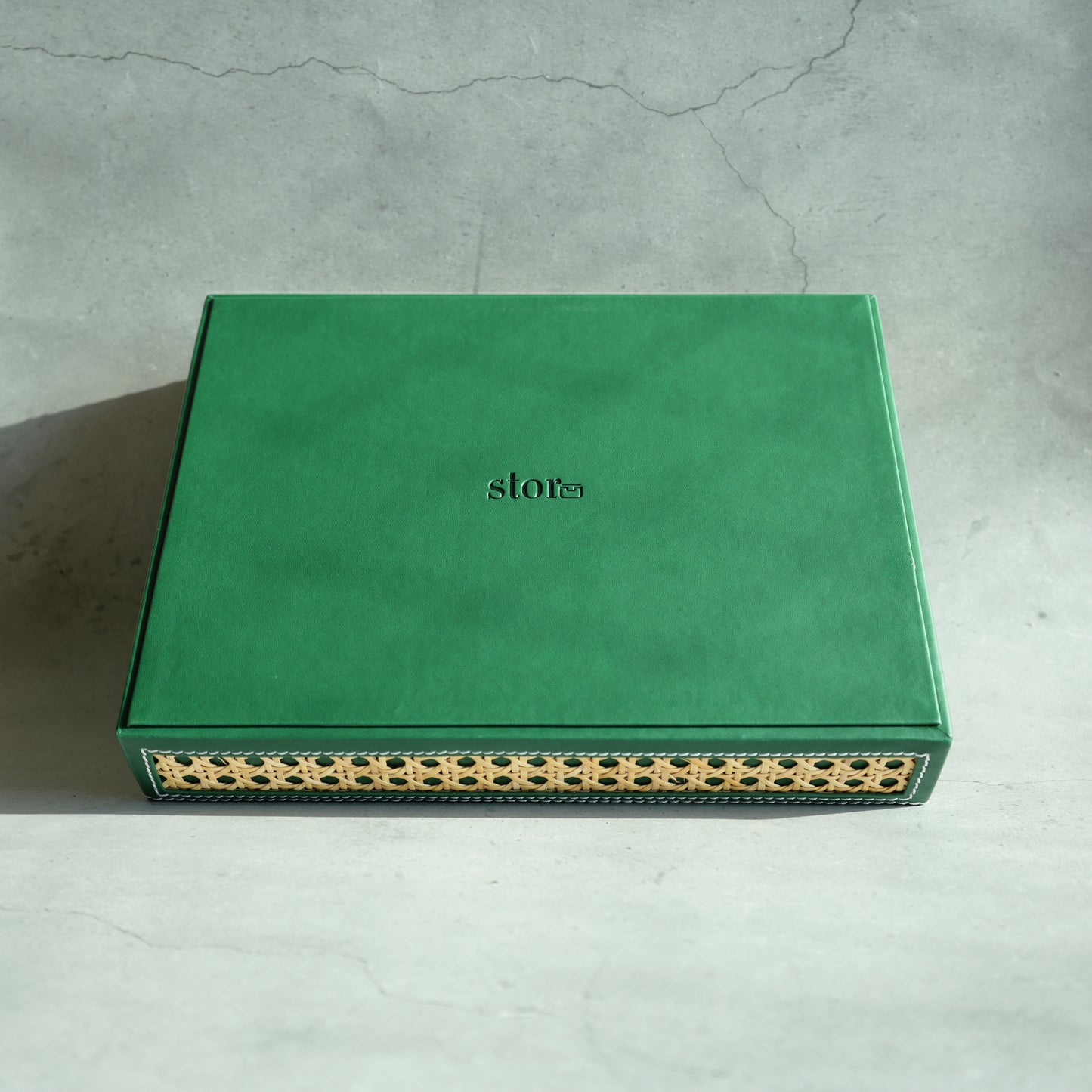 Emerald Green PU Leather & Rattan Serving Tray - Medium