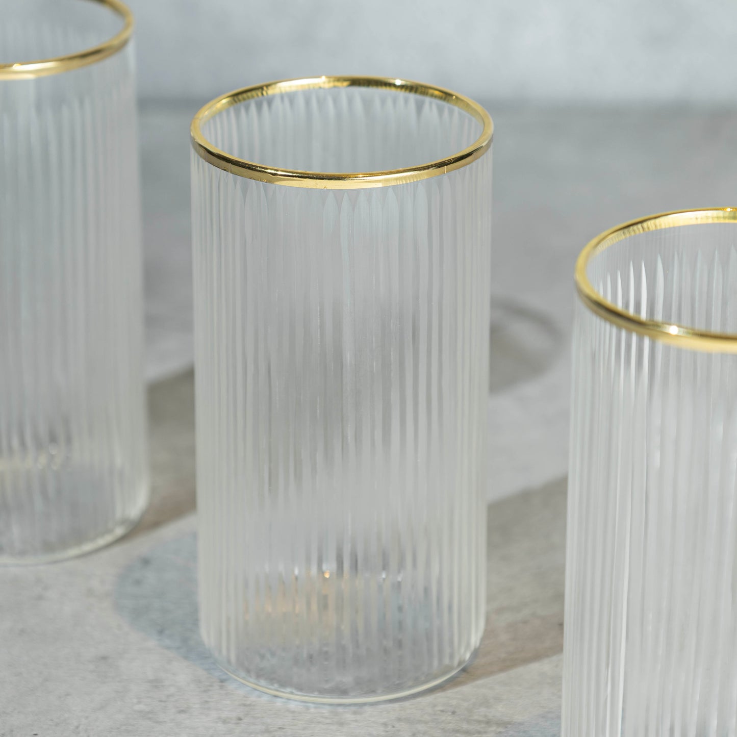 Tall Clear Ribbed Cocktail Glass with Gold Rim- Set of 6