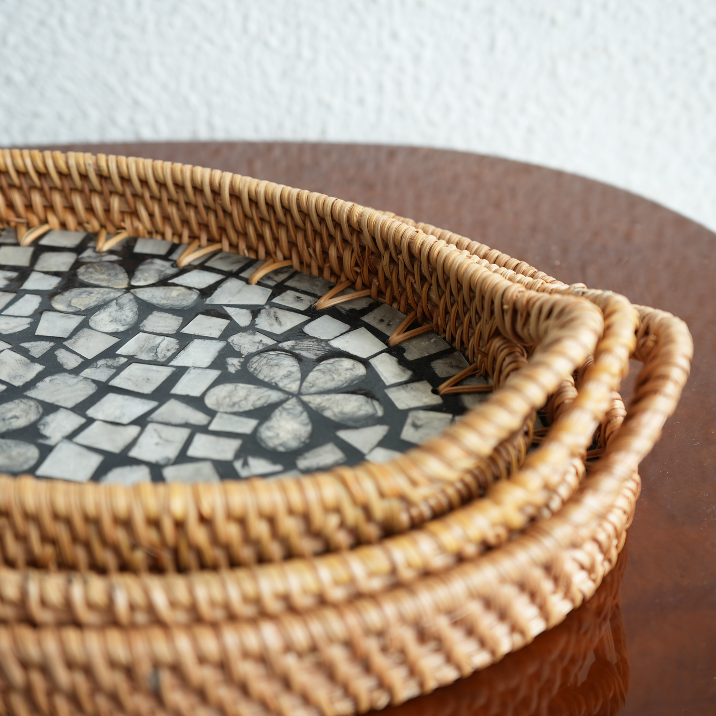 Small Oval Mother-of-Pearl & Cane Serving Tray - Noir