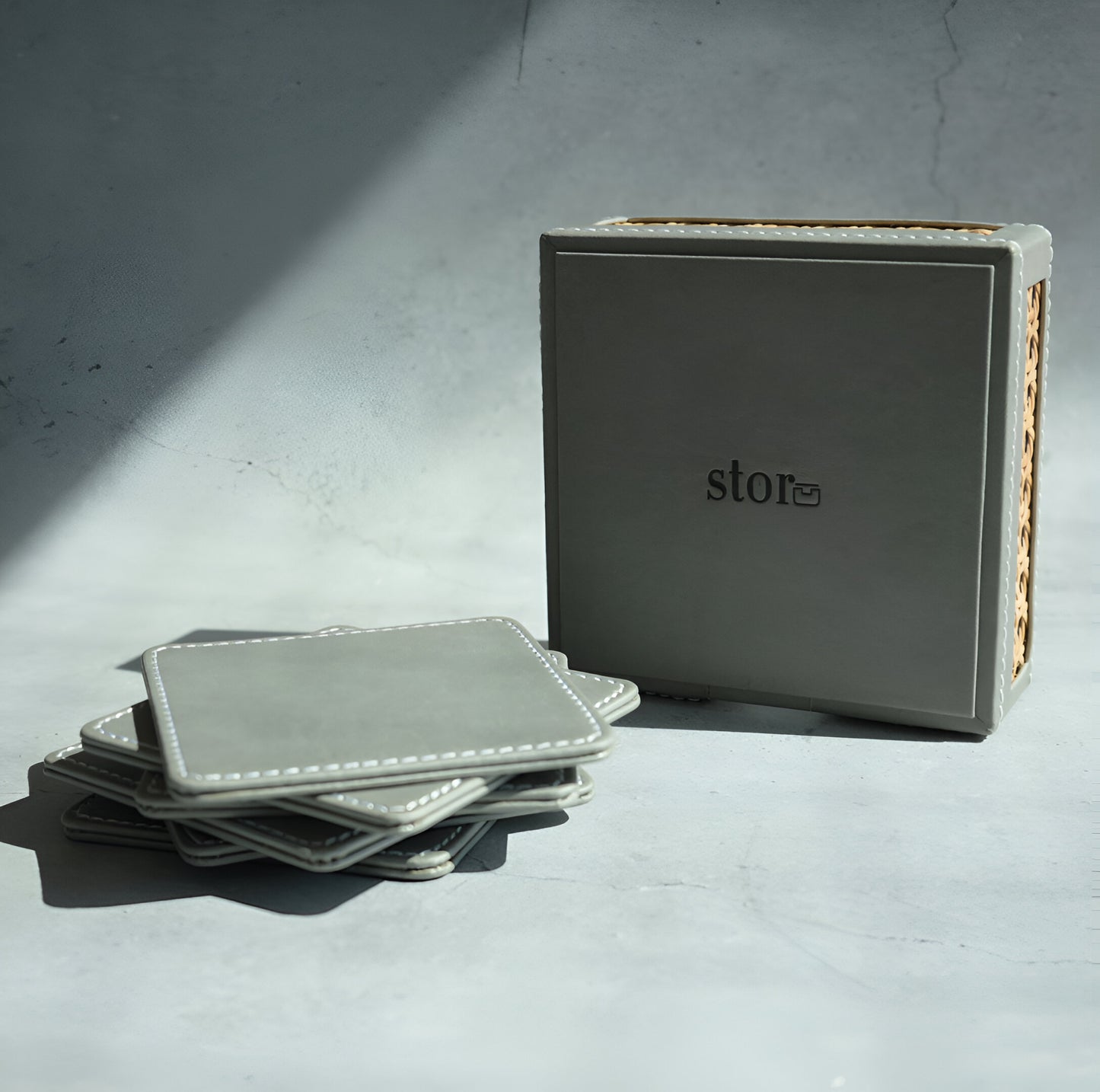 Stone Gray PU Leather & Rattan Coasters - Set of 6