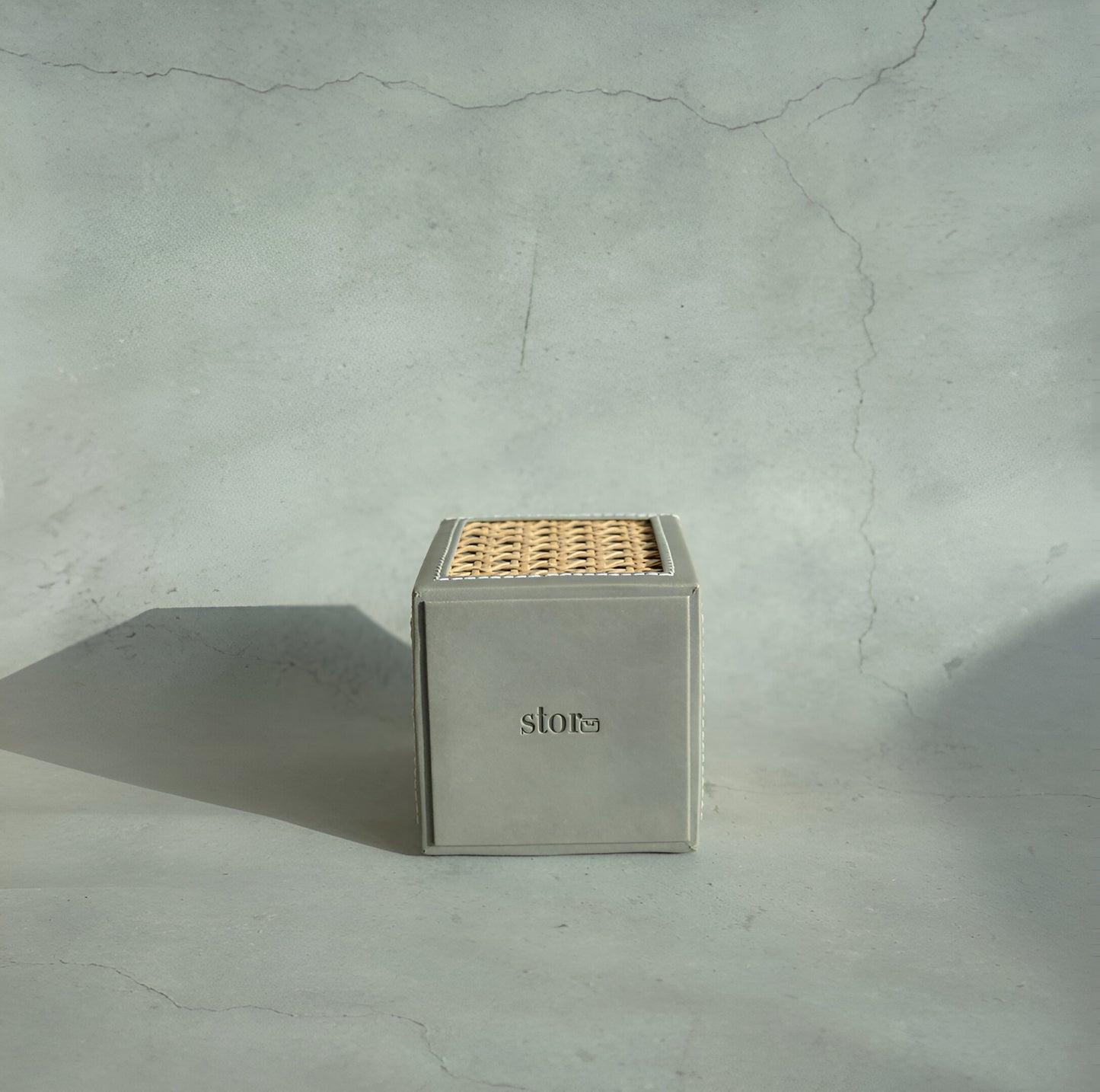 Stone Gray PU Leather & Rattan Stationery Holder