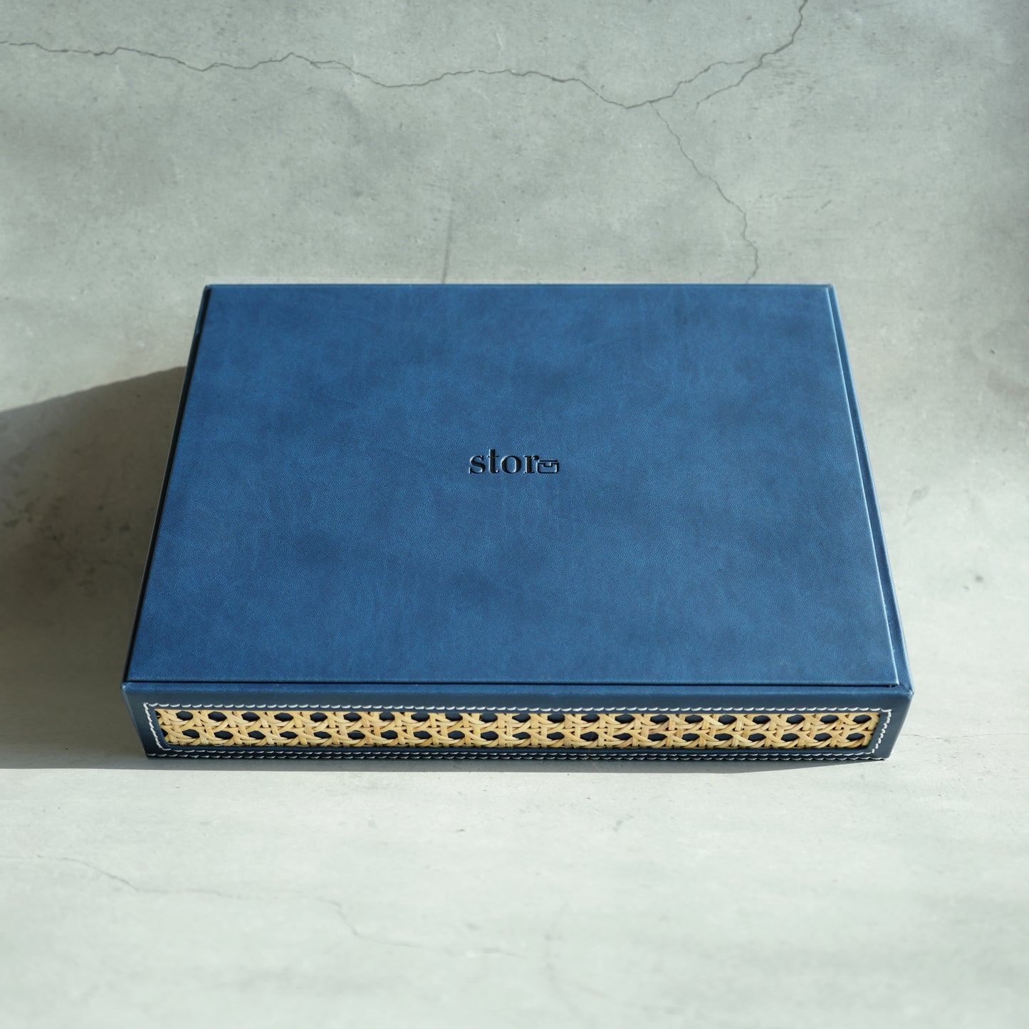 Steel Blue PU Leather & Rattan Serving Tray - Medium