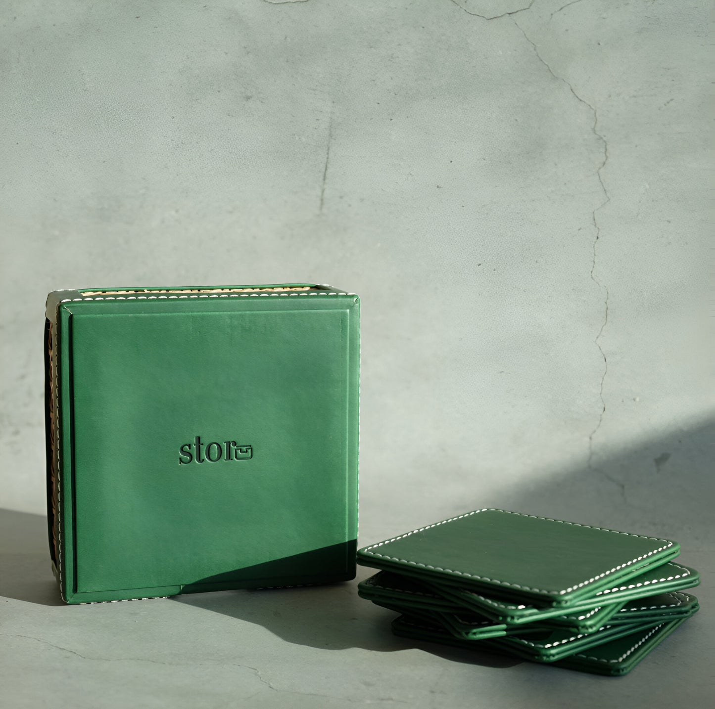 Emerald Green PU Leather & Rattan Coasters - Set of 6