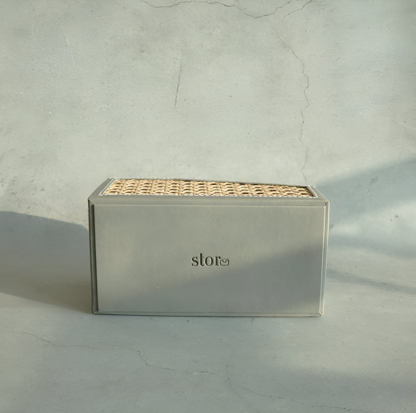 Stone Gray PU Leather & Rattan Remote Control Organiser