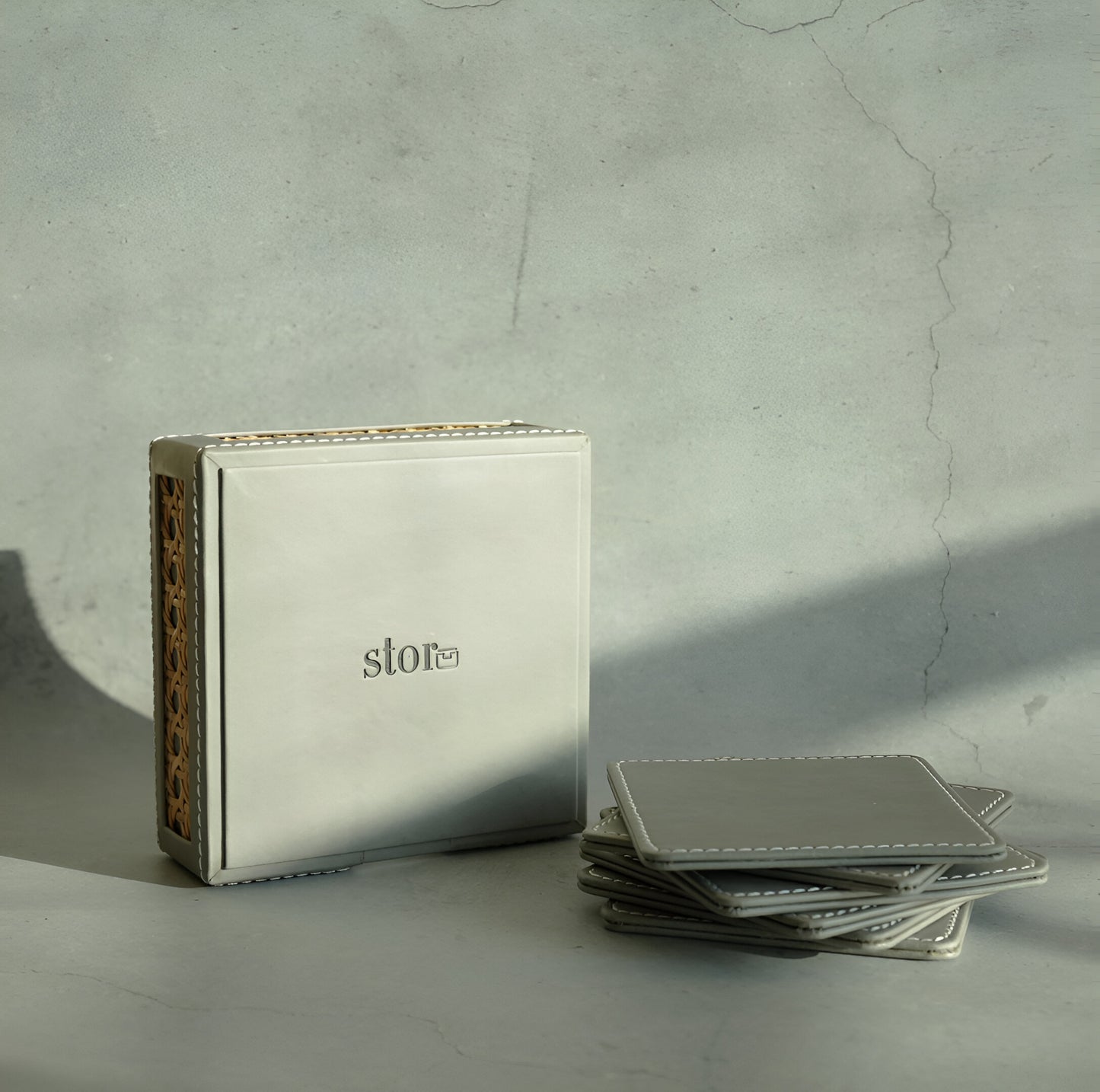 Stone Gray PU Leather & Rattan Coasters - Set of 6