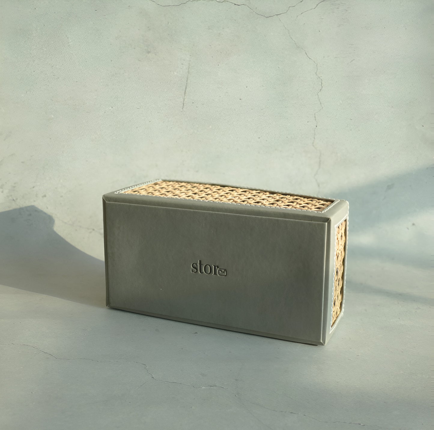 Stone Gray PU Leather & Rattan Remote Control Organiser