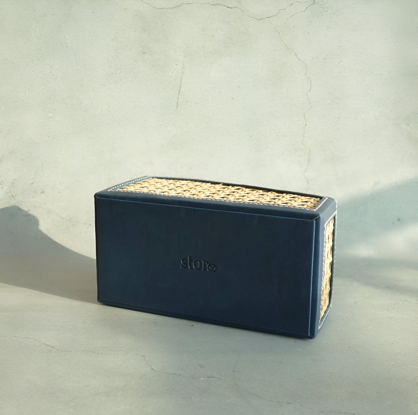 Steel Blue PU Leather & Rattan Remote Control Organiser