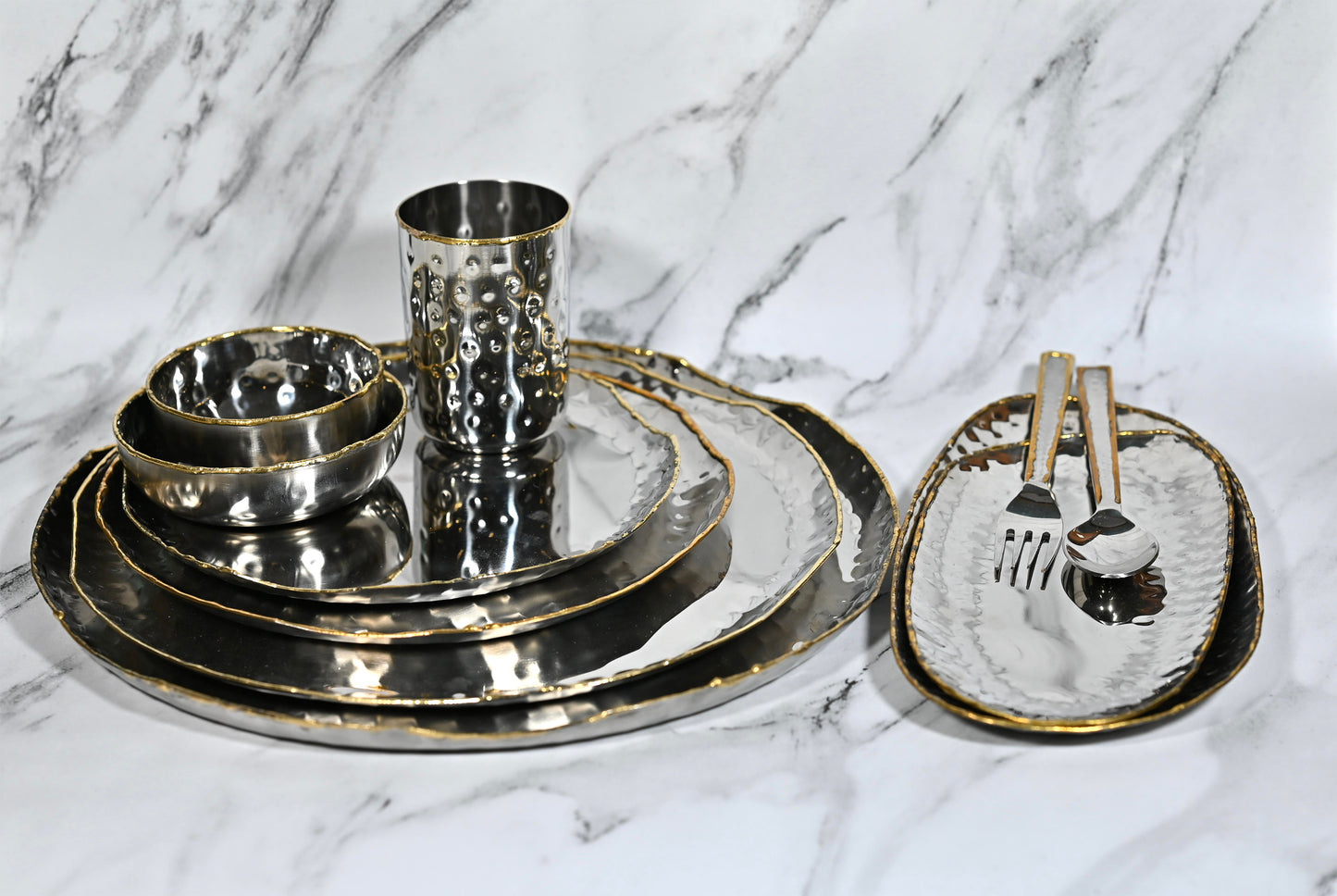 Hammered Steel Wide Salad Bowl with Gold Detailing