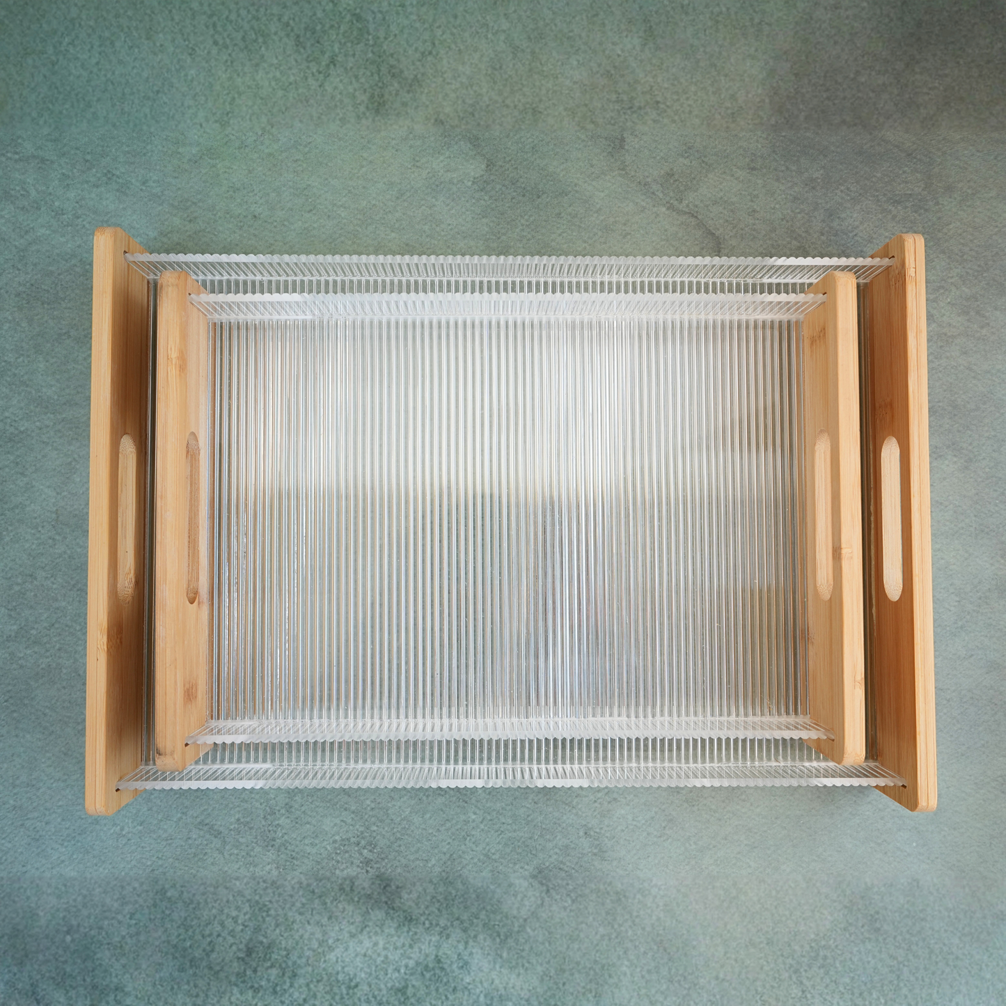 Ribbed Acrylic and Wooden Serving Tray- Set of 2