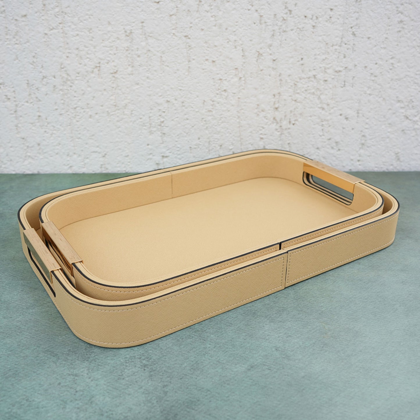 Sand Beige PU Leather Serving Tray- Set of 2