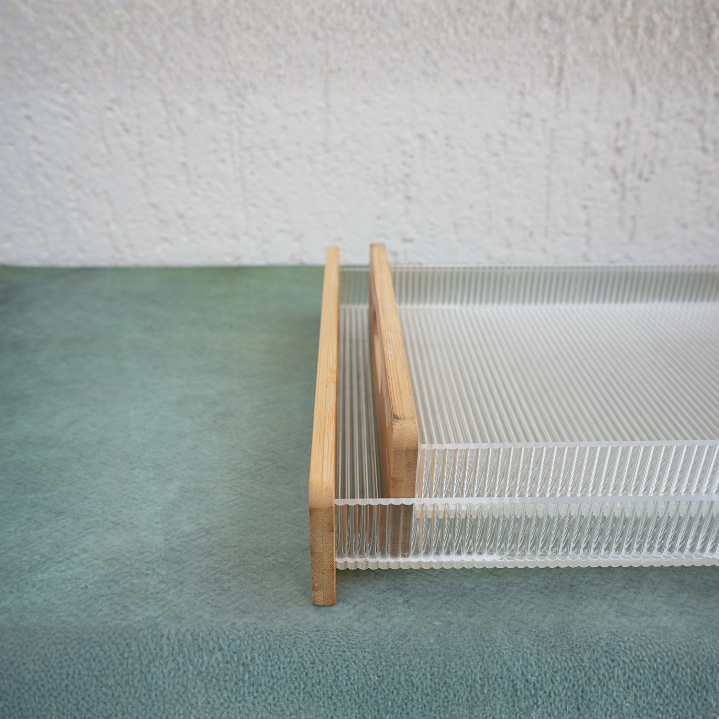 Ribbed Acrylic and Wooden Serving Tray- Set of 2