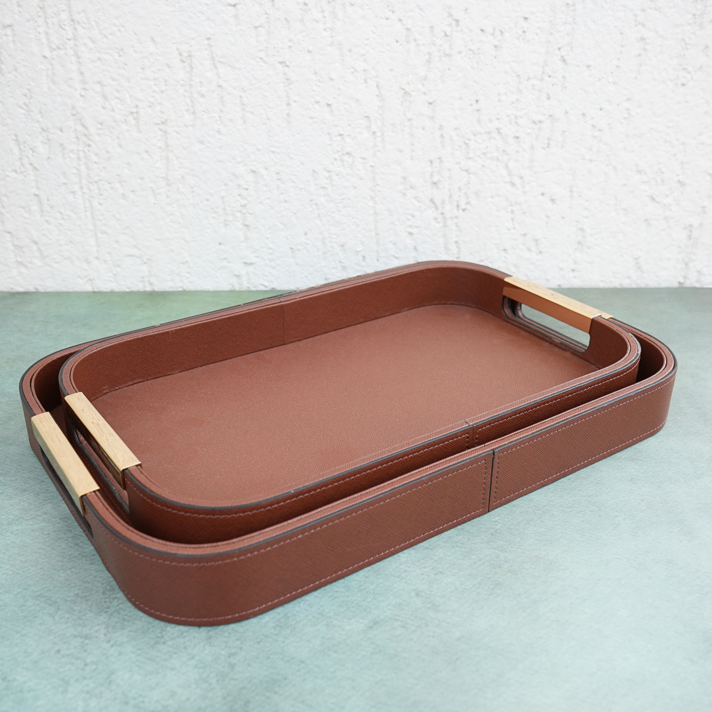 Umber Brown PU Leather Serving Tray- Set of 2