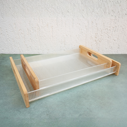 Ribbed Acrylic and Wooden Serving Tray- Set of 2