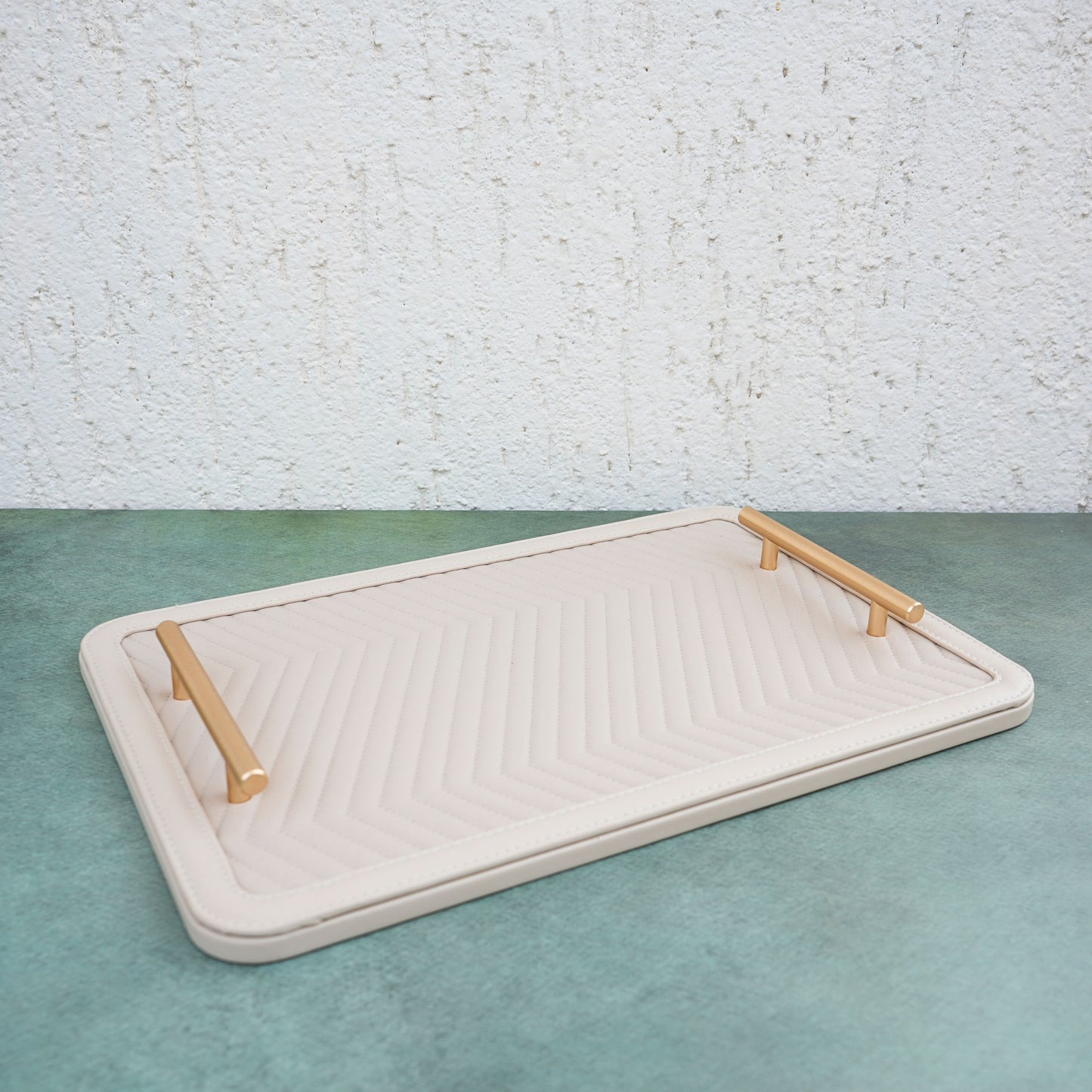 Chevron PU Leather Serving Tray- Ecru White and Matte Gold