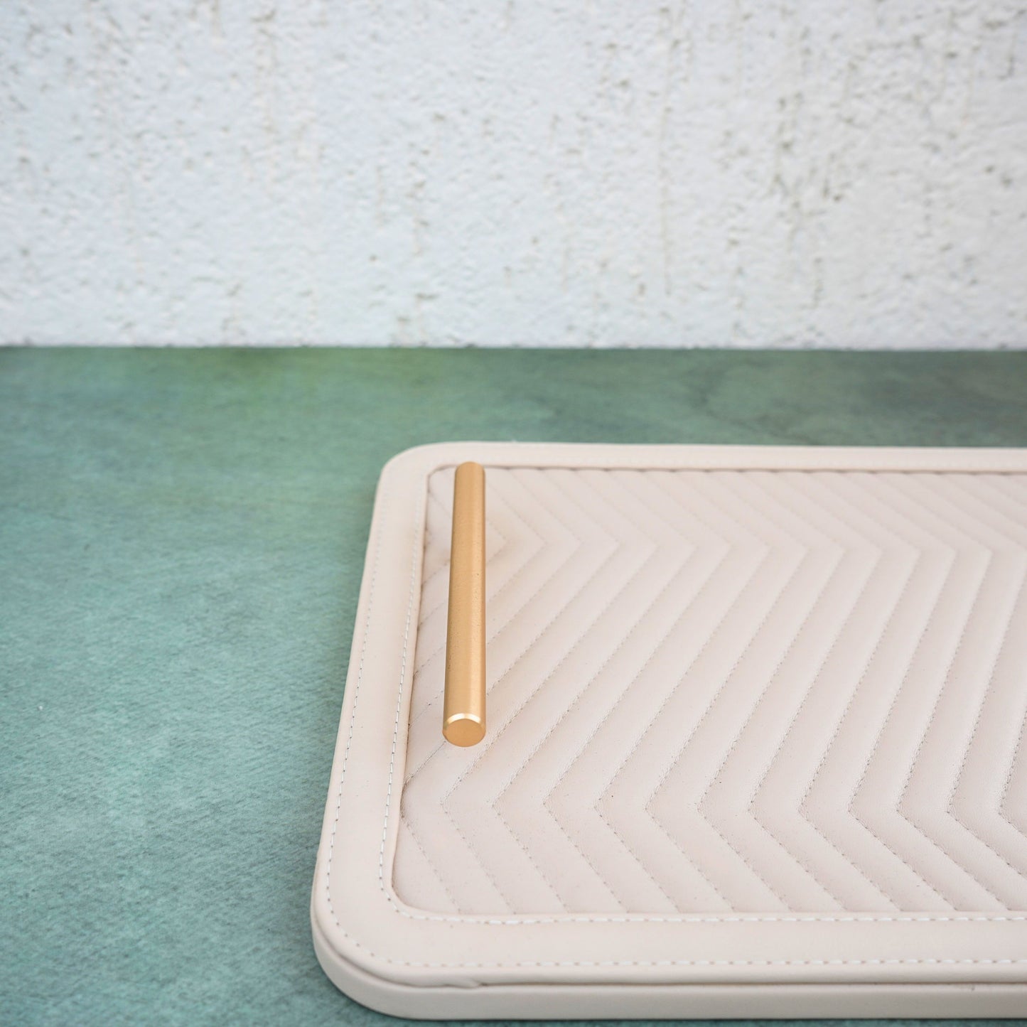 Chevron PU Leather Serving Tray- Ecru White and Matte Gold