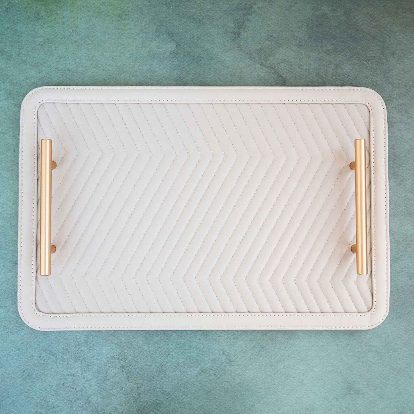 Chevron PU Leather Serving Tray- Ecru White and Matte Gold