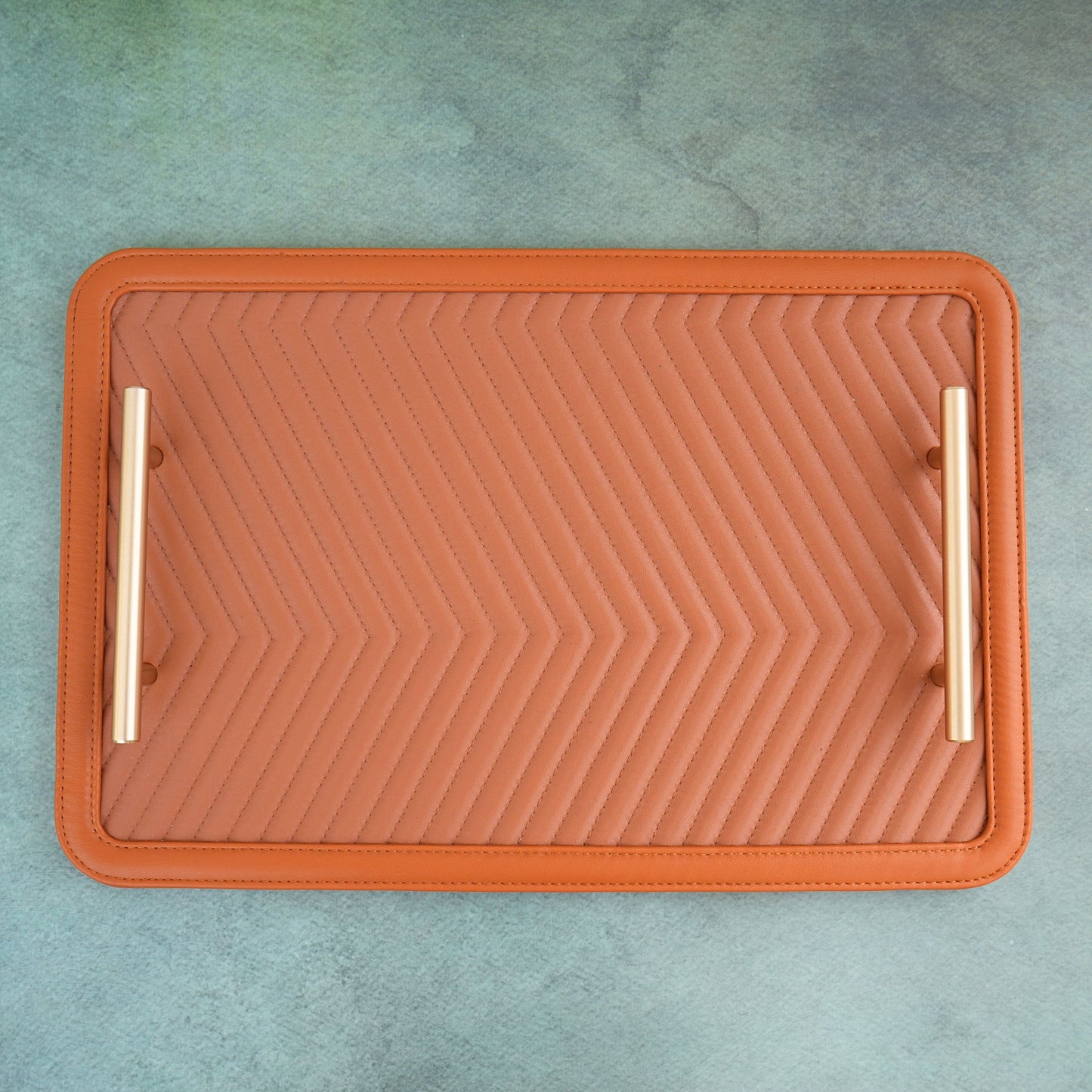 Chevron PU Leather Serving Tray- Tan Brown and Matte Gold