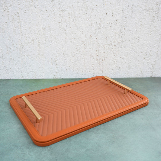 Chevron PU Leather Serving Tray- Tan Brown and Matte Gold
