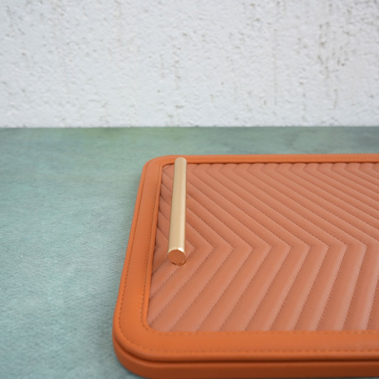 Chevron PU Leather Serving Tray- Tan Brown and Matte Gold