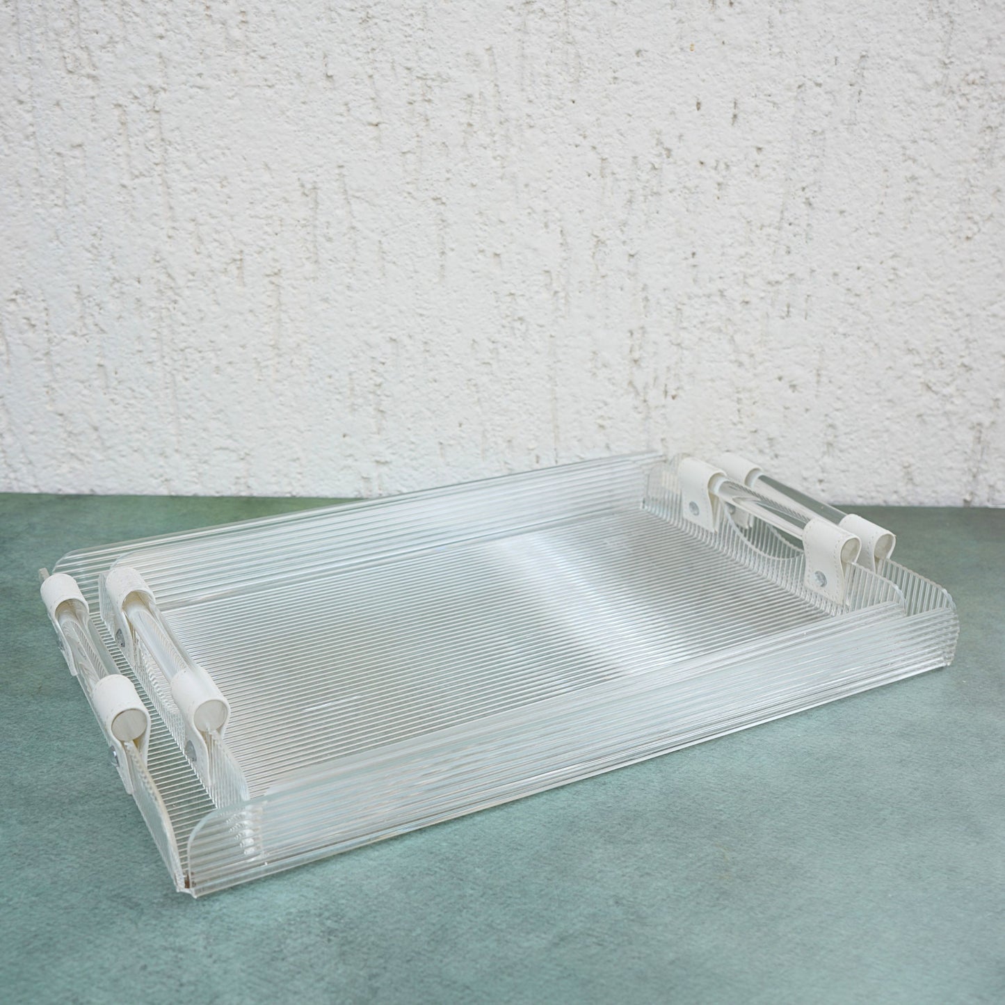 Ribbed Acrylic Serving Tray with White PU Straps- Set of 2