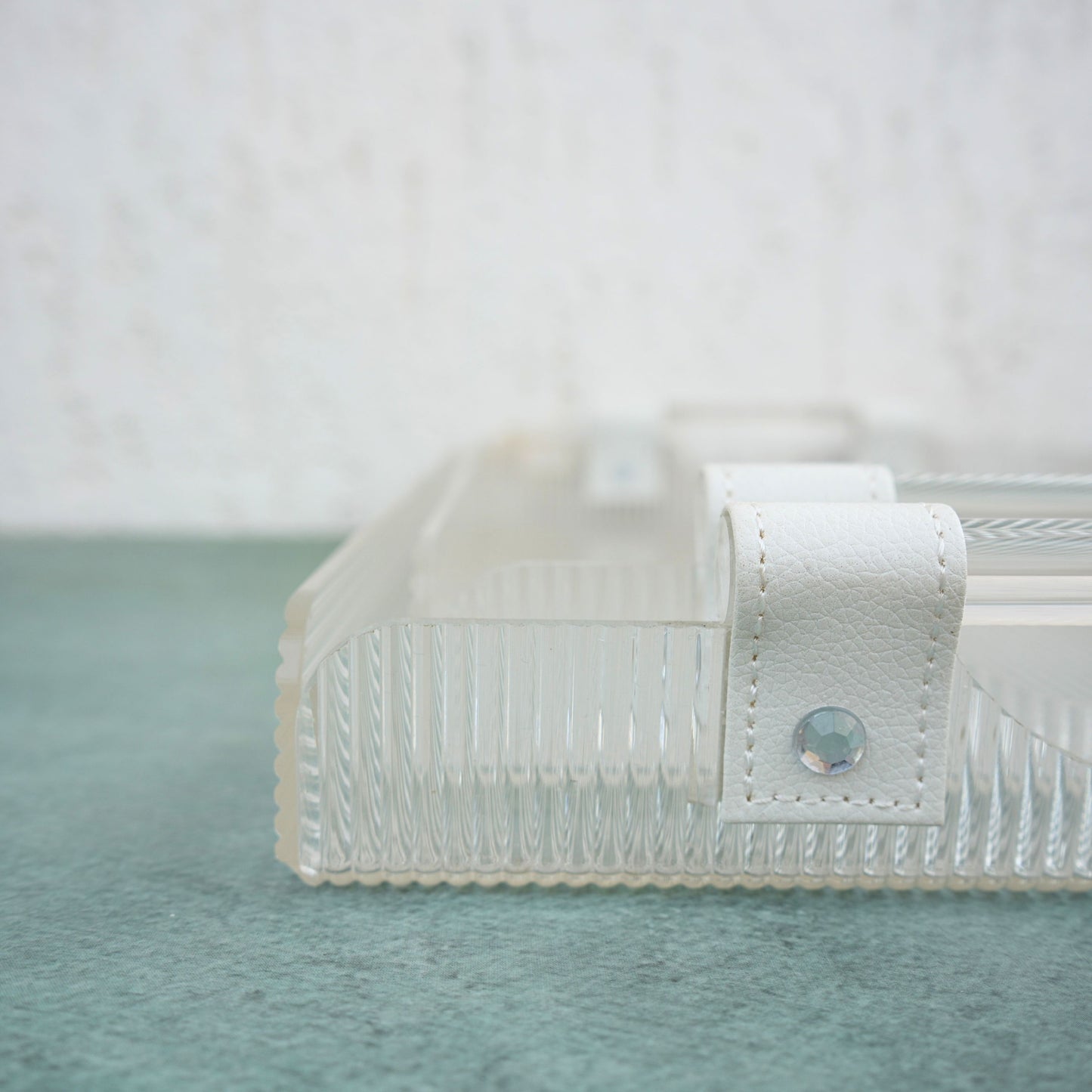 Ribbed Acrylic Serving Tray with White PU Straps- Set of 2