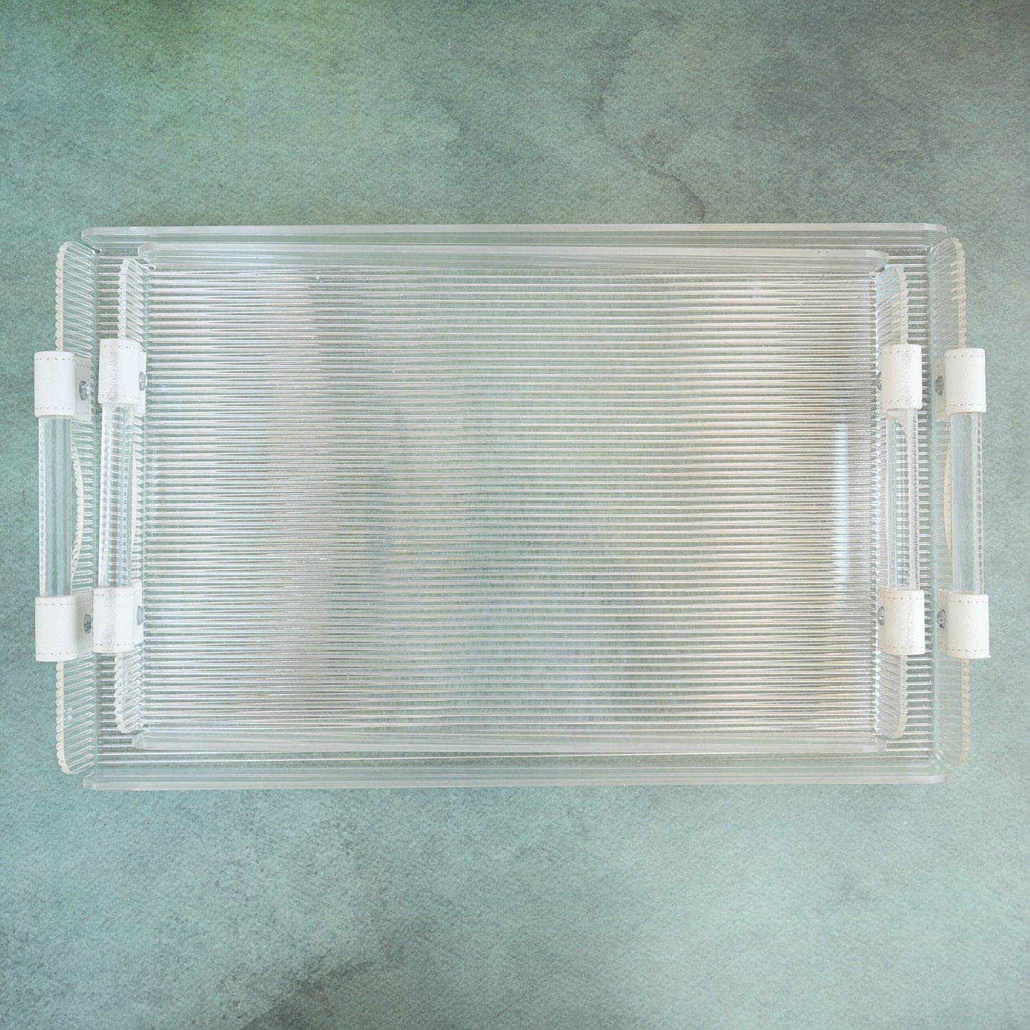 Ribbed Acrylic Serving Tray with White PU Straps- Set of 2