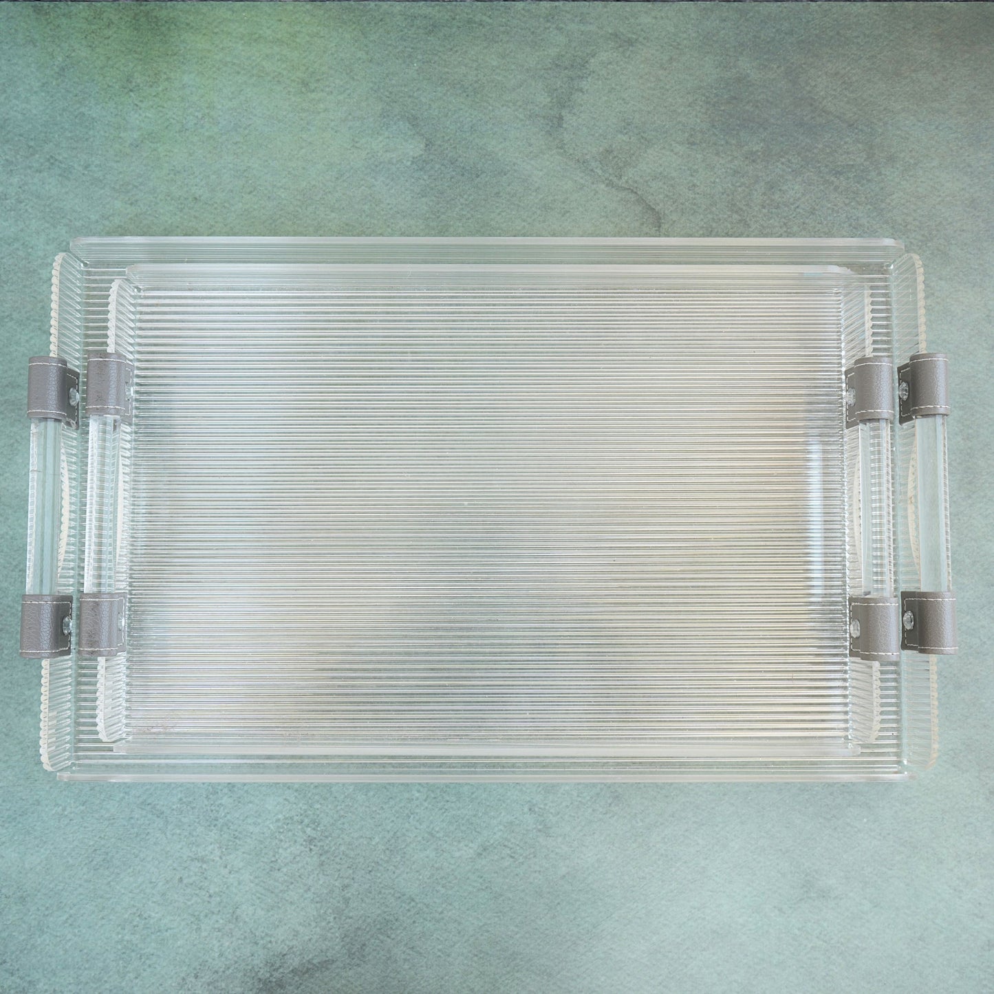 Ribbed Acrylic Serving Tray with Gray PU Straps- Set of 2