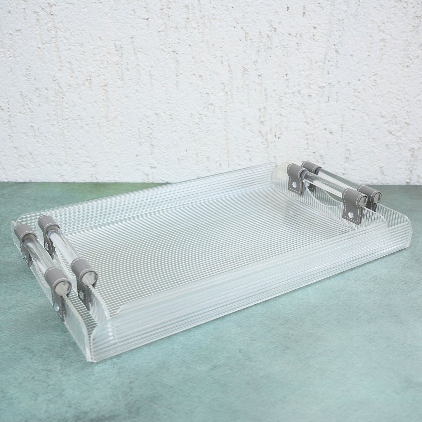 Ribbed Acrylic Serving Tray with Gray PU Straps- Set of 2
