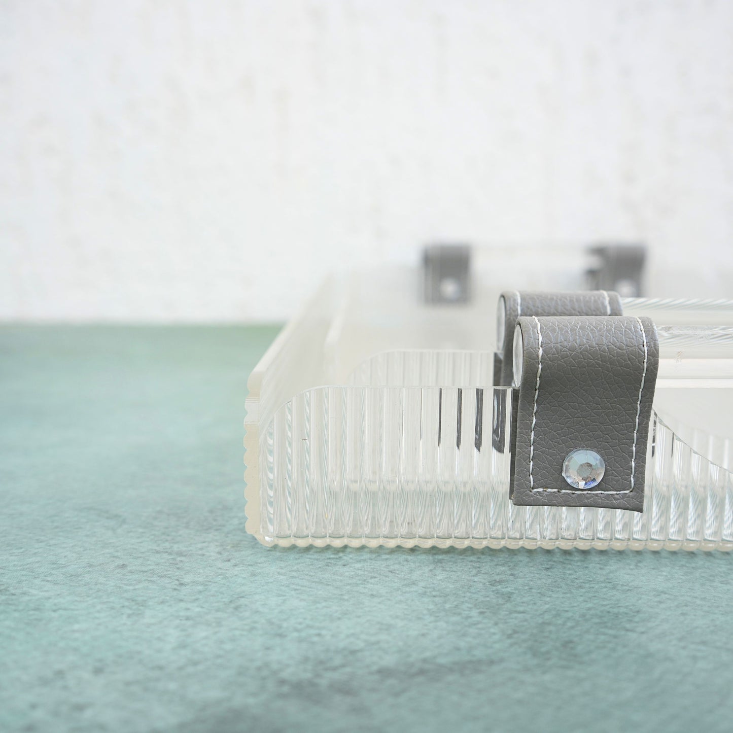 Ribbed Acrylic Serving Tray with Gray PU Straps- Set of 2