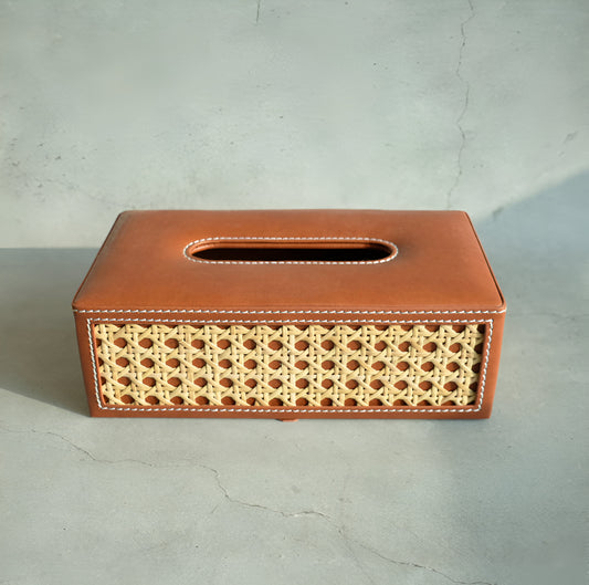 Tan Brown PU Leather & Rattan Tissue Box - Rectangle