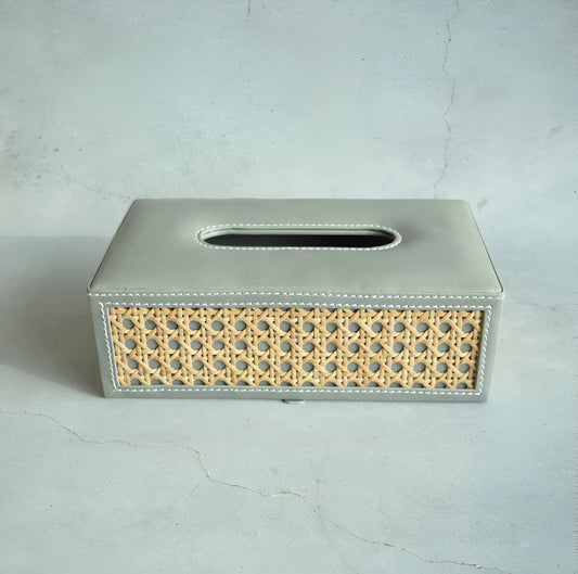 Stone Gray PU Leather & Rattan Tissue Box - Rectangle