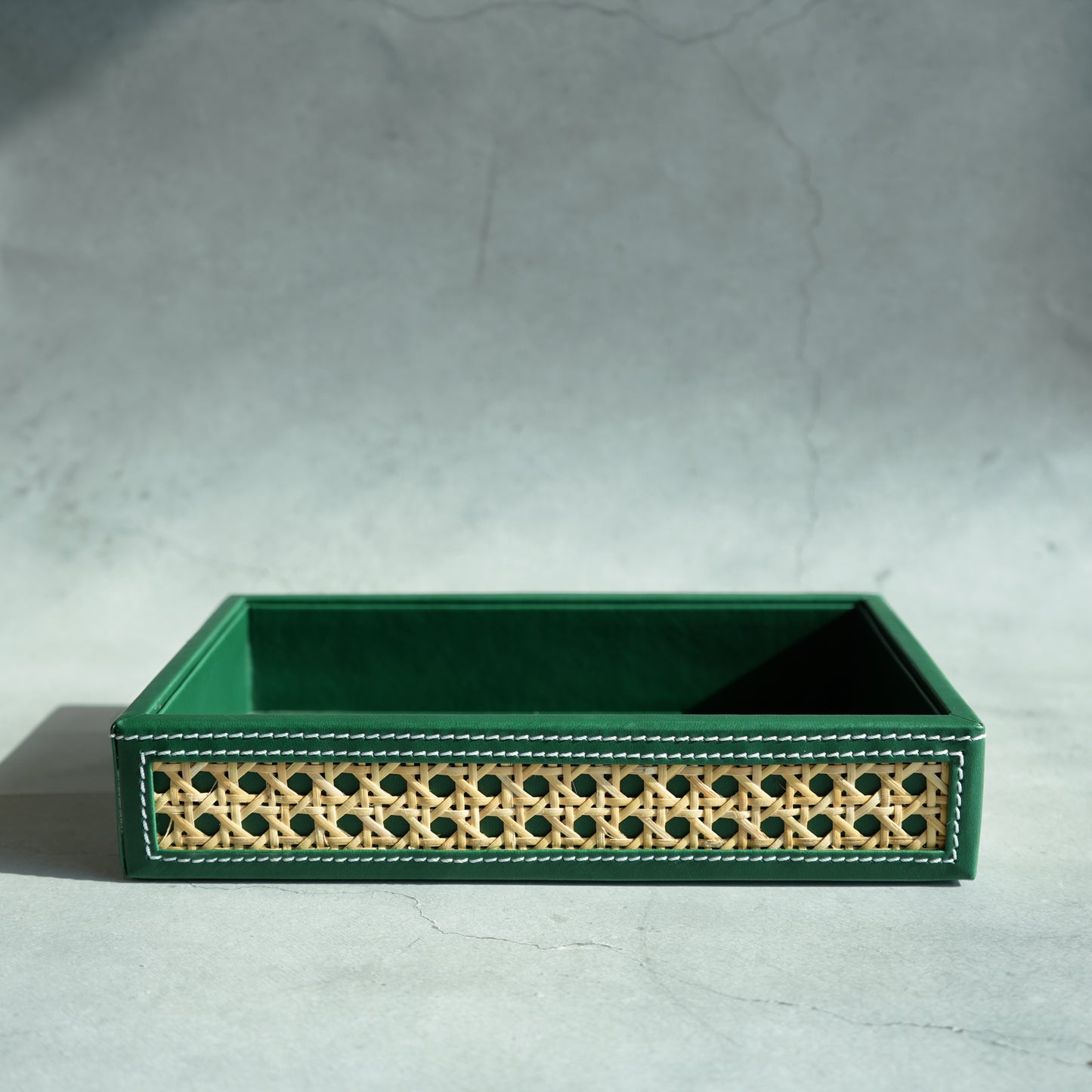 Emerald Green PU Leather & Rattan Serving Tray - Small