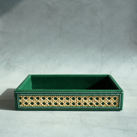 Emerald Green PU Leather & Rattan Serving Tray - Small
