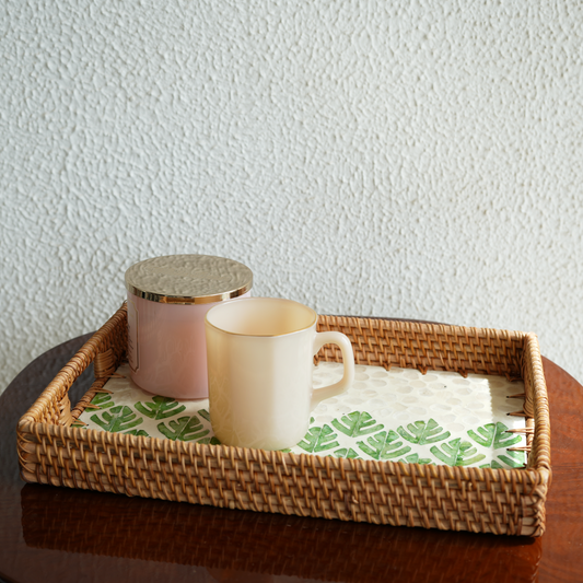 Large Rectangular Mother-of-Pearl & Cane Serving Tray - Botanic