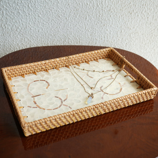 Regular Rectangular Mother-of-Pearl & Cane Serving Tray - Pearl White