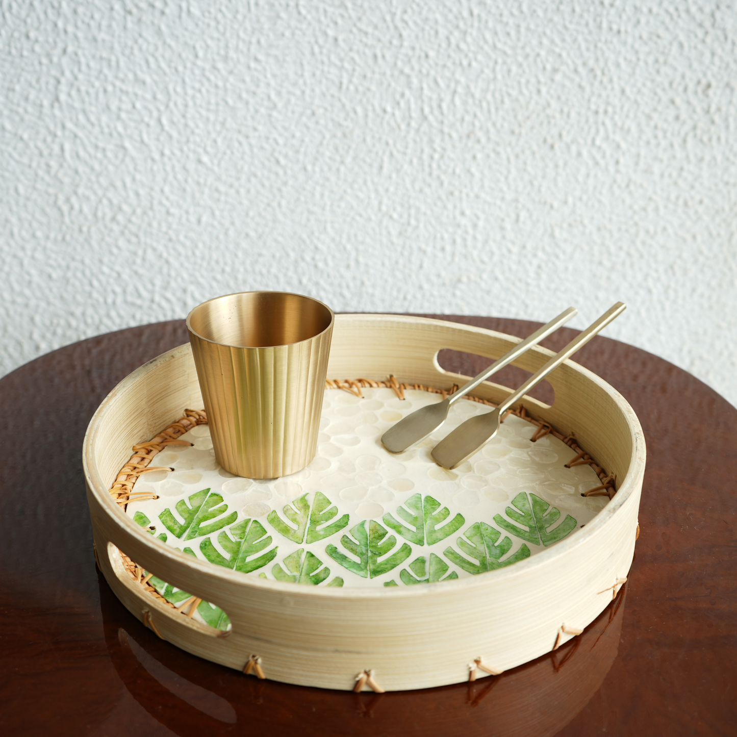 Regular Round Mother-of-Pearl & Cane Serving Tray - Botanic