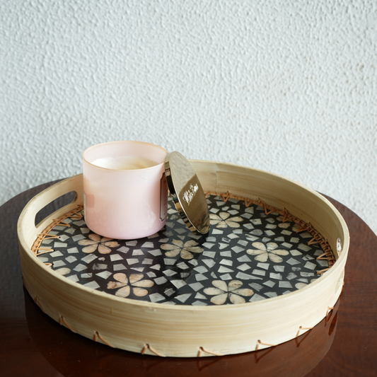 Large Round Mother-of-Pearl & Cane Serving Tray - Noir