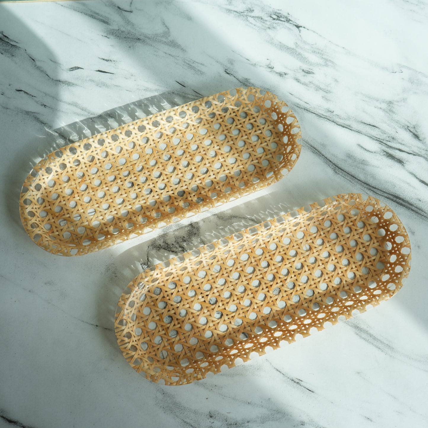 Rattan Ribbed Acrylic Oblong Serving Tray- Pack of 2