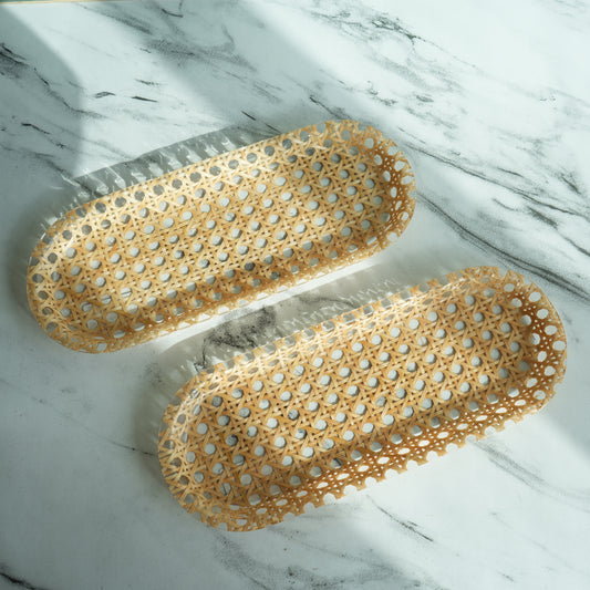 Rattan Ribbed Acrylic Oblong Serving Tray- Pack of 2