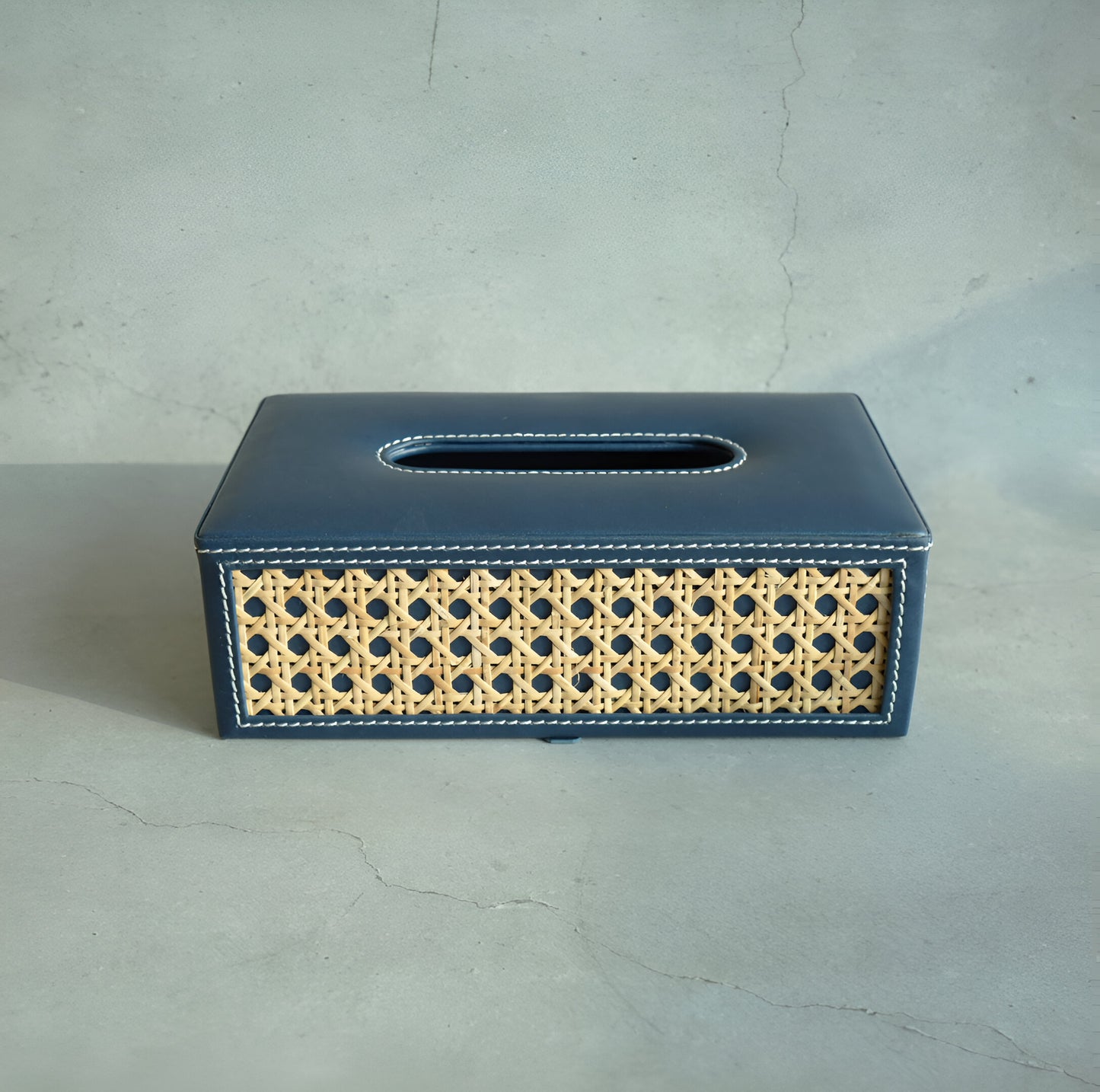 Steel Blue PU Leather & Rattan Tissue Box - Rectangle