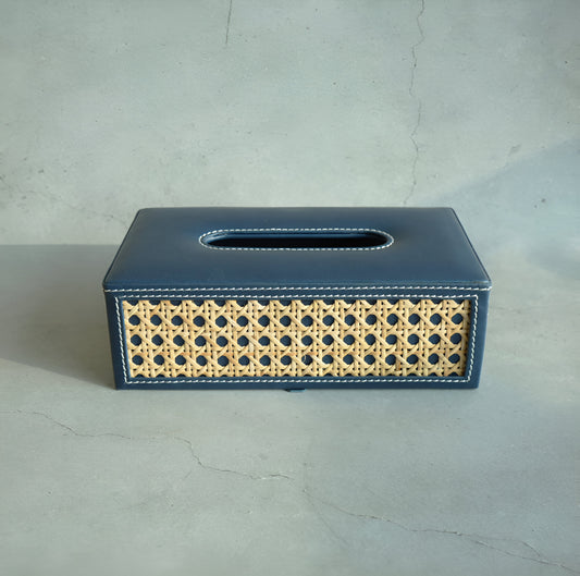 Steel Blue PU Leather & Rattan Tissue Box - Rectangle