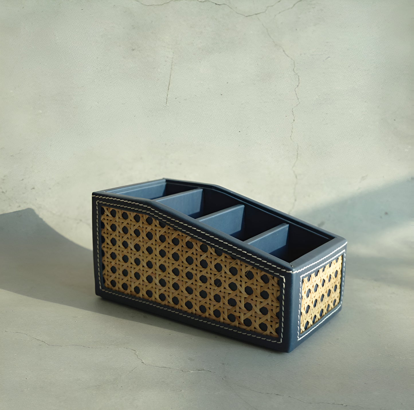 Steel Blue PU Leather & Rattan Remote Control Organiser