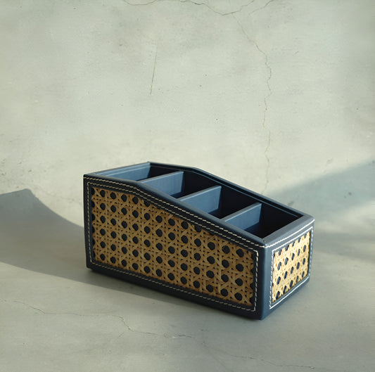 Steel Blue PU Leather & Rattan Remote Control Organiser