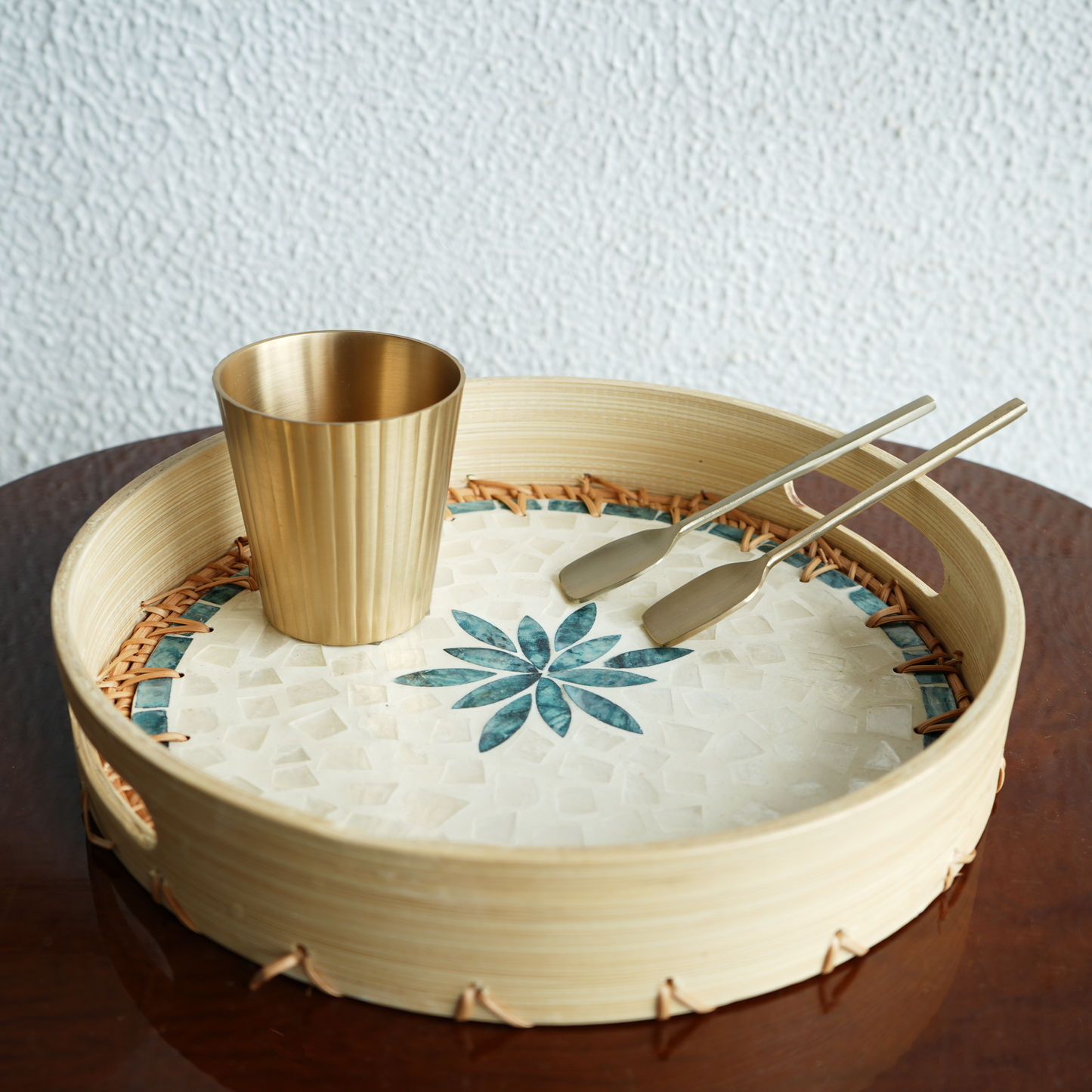 Regular Round Mother-of-Pearl & Cane Serving Tray - Aqua