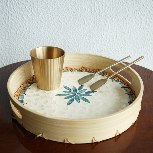 Regular Round Mother-of-Pearl & Cane Serving Tray - Aqua