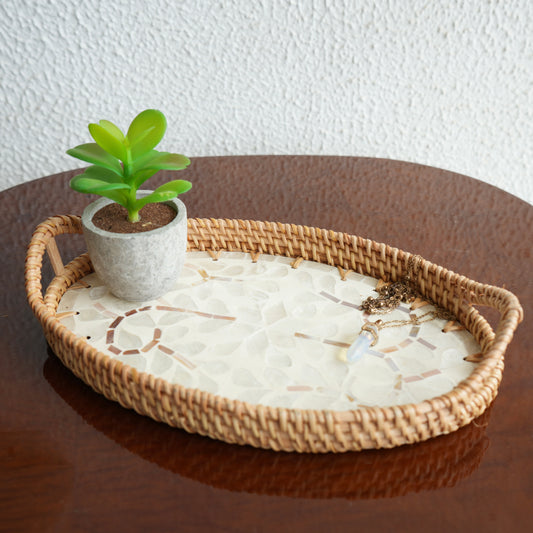 Small Oval Mother-of-Pearl & Cane Serving Tray - Pearl White