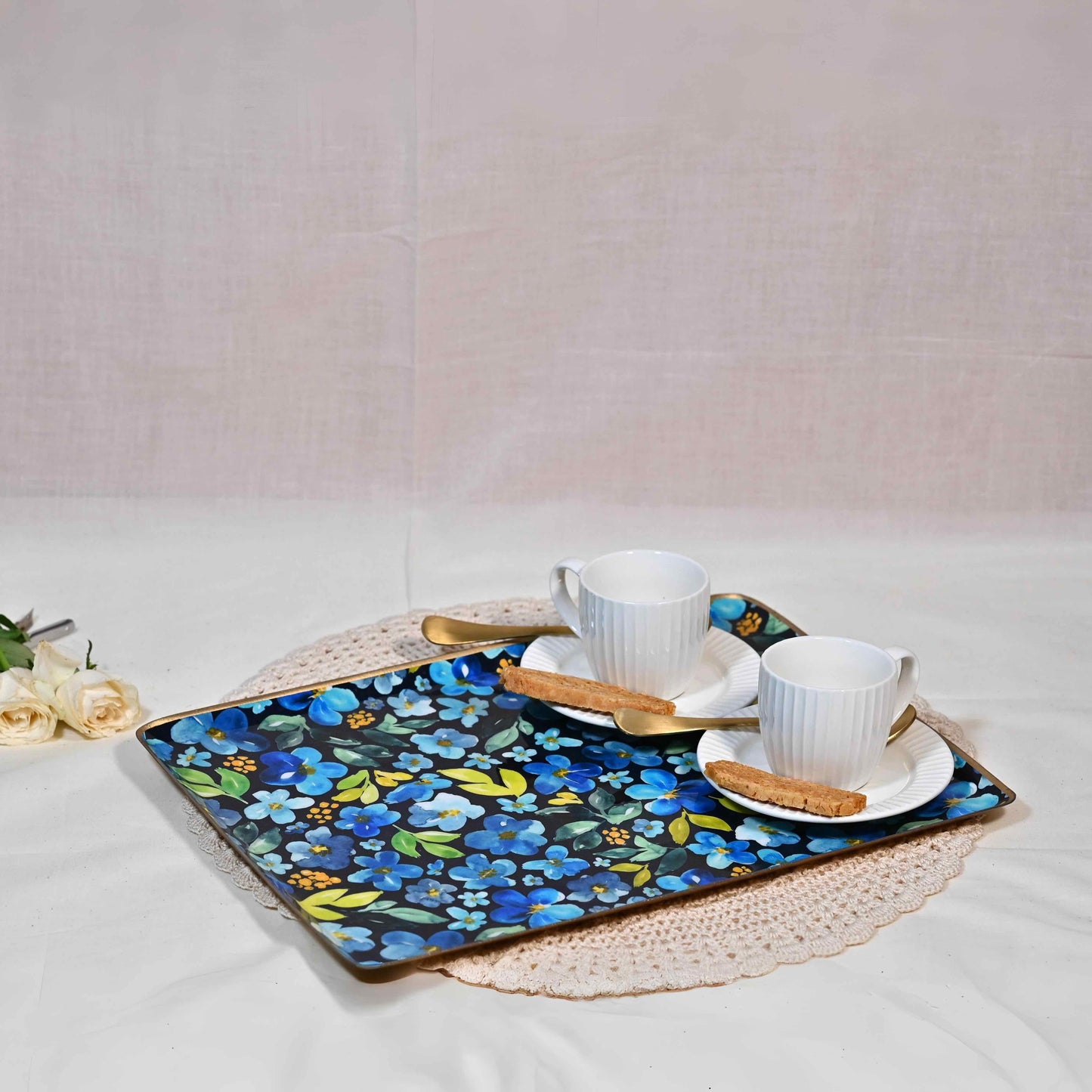 Large Floral Serving Tray - Cornflower